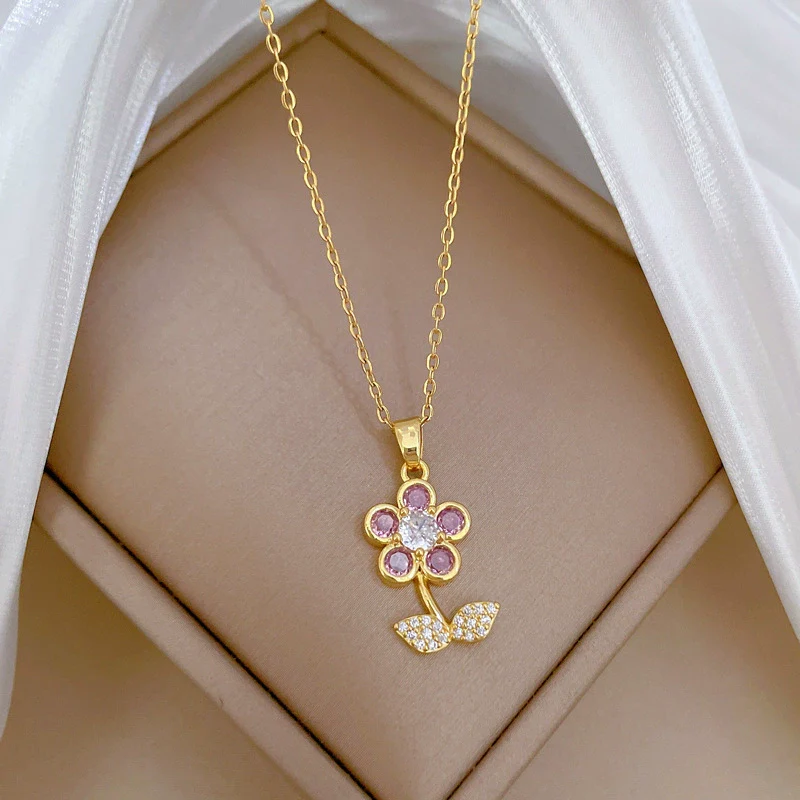 Necklace Stainless Steel Copper Geometric Leaf Five Petal Flower Light Luxury Elegant Gorgeous Unisex - Image 4