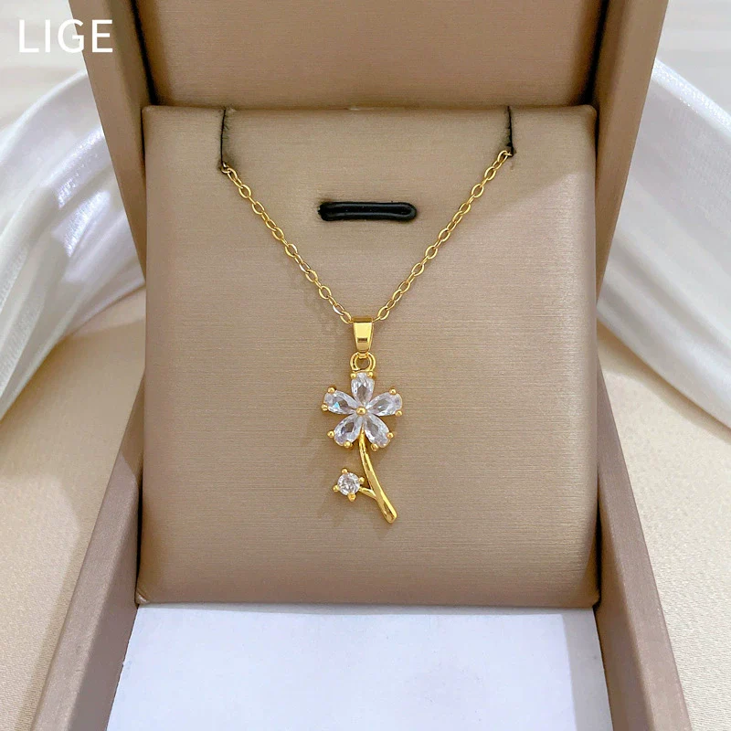 Necklace Stainless Steel Copper Geometric Leaf Flower Full Diamond Light Luxury Elegant Gorgeous Allmatch Clavicle Chain Unisex