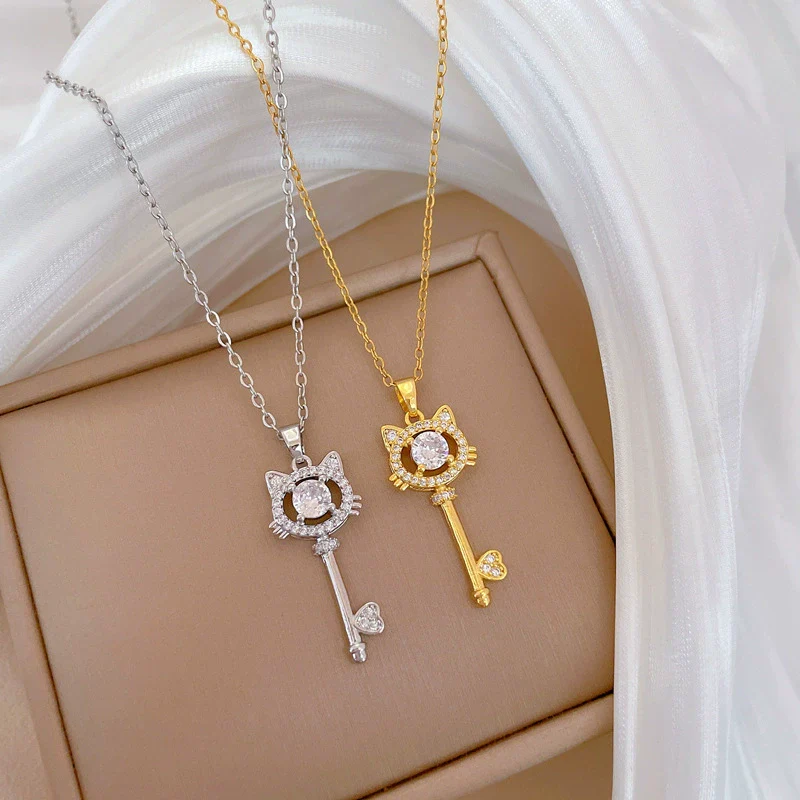 Necklace Stainless Steel Copper Geometric Titanium Steel Cat Key Zircon Light Luxury Elegant Gorgeous Unisex