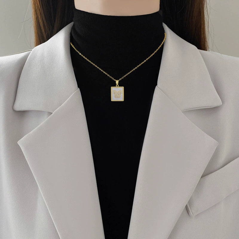 Necklace Stainless Steel Copper Square Shell Butterfly Geometric Cartoon Minimalist Unisex - Image 2