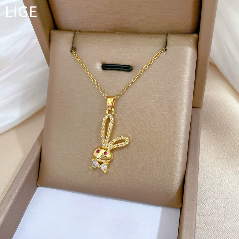 Necklace Stainless Steel Geometric Red Eye Rabbit Knot Titanium Steel Chain Women's - Image 4