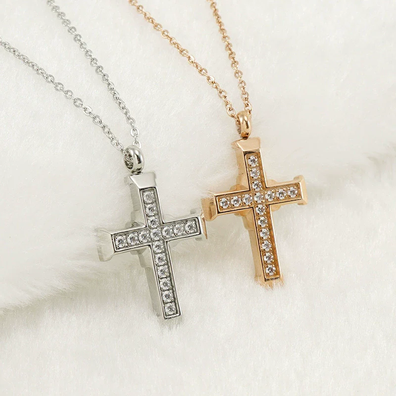 Necklace 316L Stainless Steel 316L Stainless Steel Cross Inlaid Zircon Fashion Simple Style For Women - Image 2