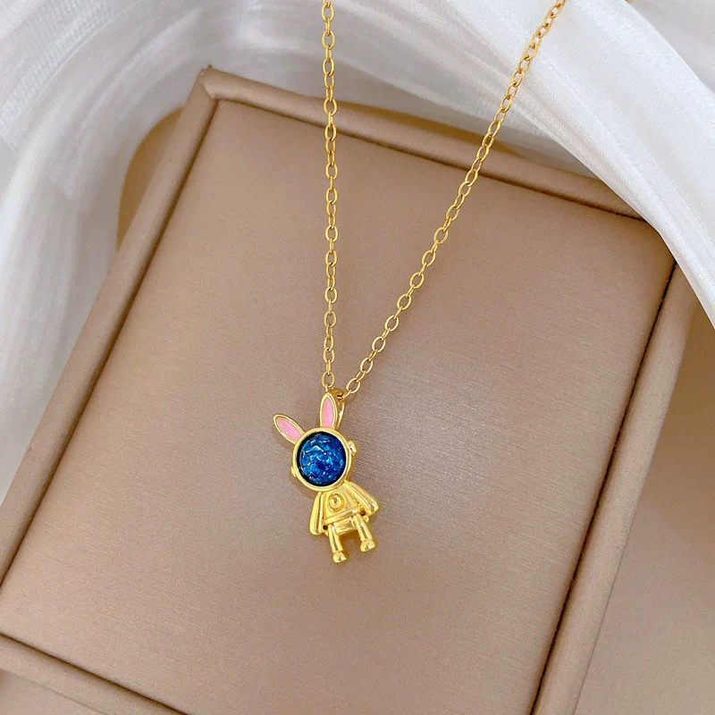 Necklace Titanium Steel Copper Geometric Cartoon Starry Sky Rabbit Astronaut Full Diamond Light Luxury Elegant Gorgeous Unisex - Image 3