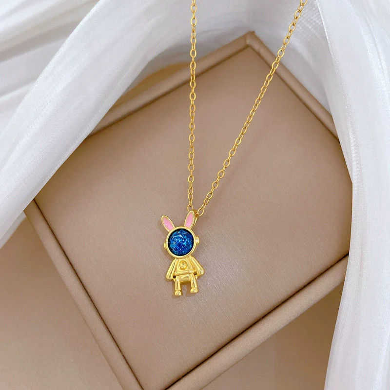 Necklace Titanium Steel Copper Geometric Cartoon Starry Sky Rabbit Astronaut Full Diamond Light Luxury Elegant Gorgeous Unisex - Image 4