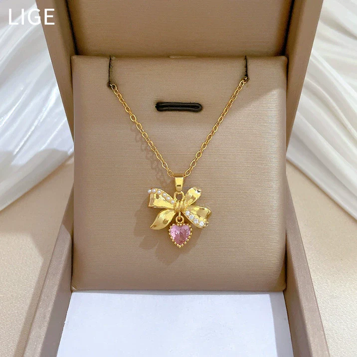 Necklace Titanium Steel Copper Geometric Style Butterfly Love Full Diamond Unisex