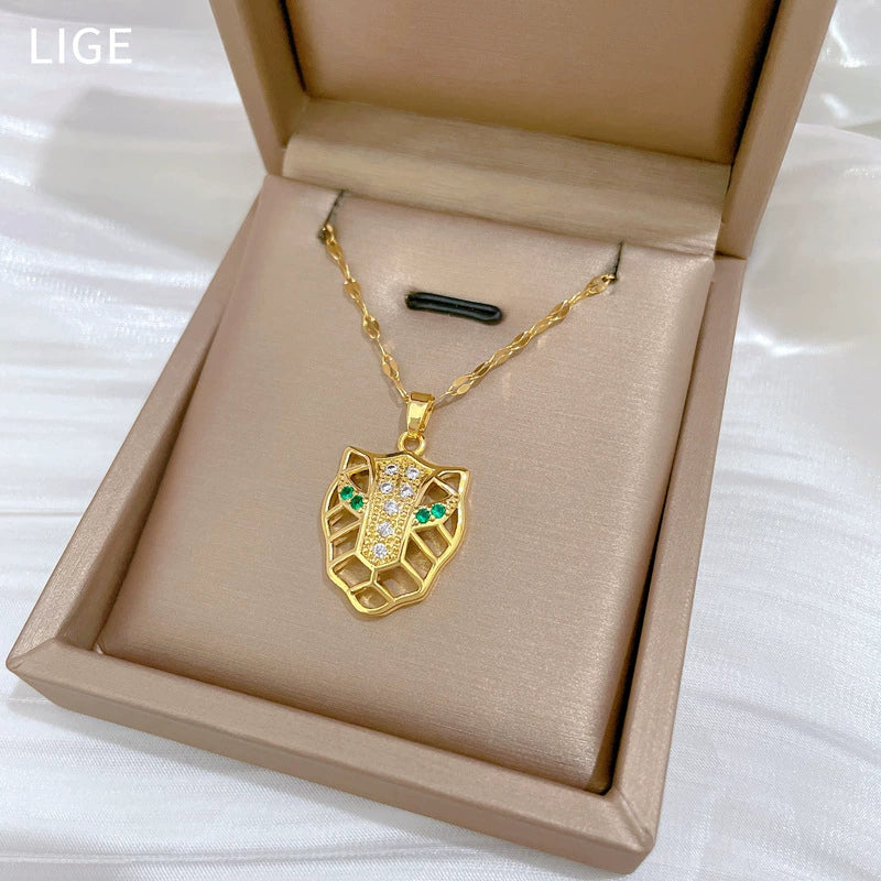 Necklace Titanium Steel Copper Greeneyed Leopard Head Geometric Light Luxury Elegant Gorgeous Unisex Allmatch Clavicle Chain - Image 3