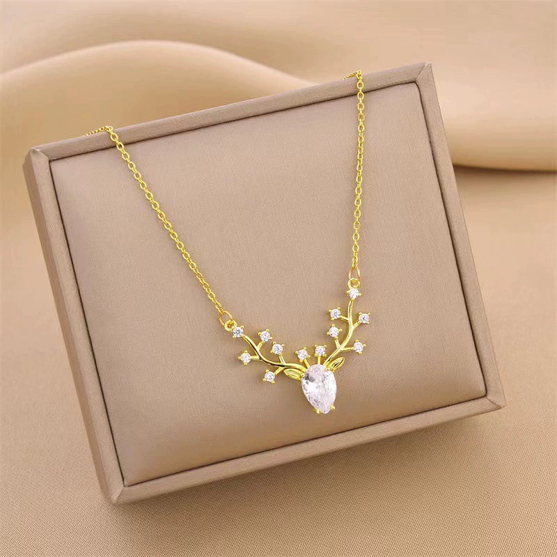 Necklace Titanium Steel Geometric Gold Inlaid Little Elk Pendant Women's Fashionable Clavicle Chain - Image 3