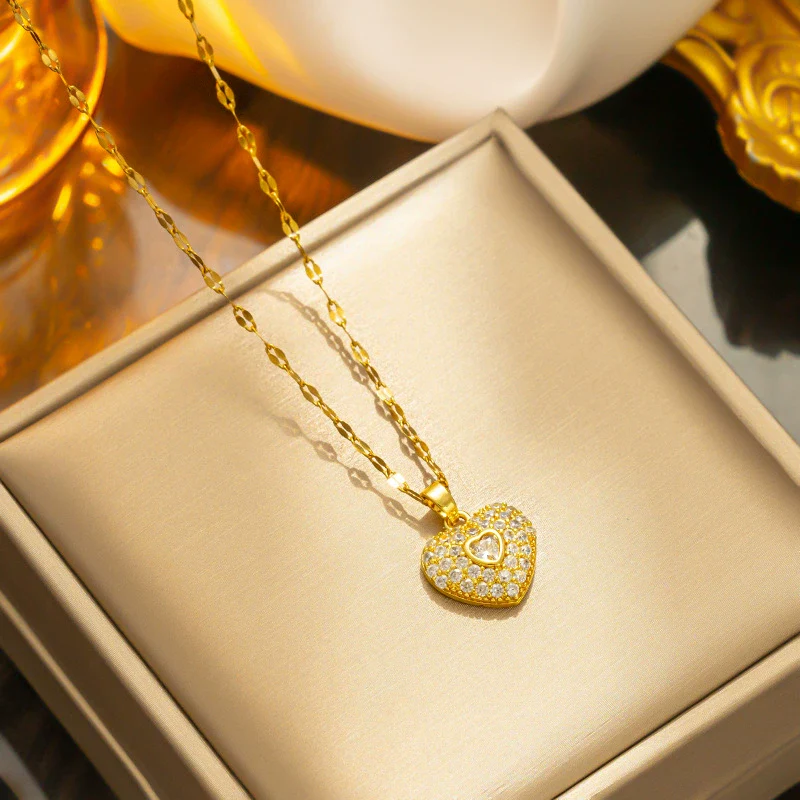 Necklace Titanium Steel Heart Geometric Gold Inlaid Water Chain For Women - Image 3