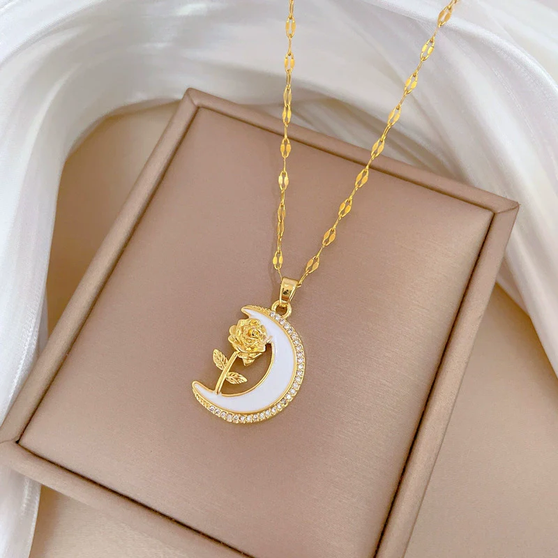 Necklace Titanium Steel Moon Rose Geometric Copper Pendant Unisex - Image 4