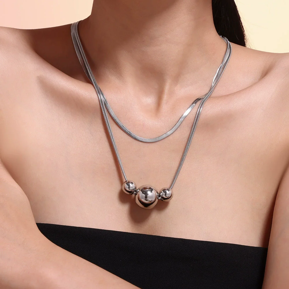 Necklace Titanium Steel Stainless Steel Geometric Style Electroplating Double Layer Stacked Blade Chain Three Beads Design - Image 4