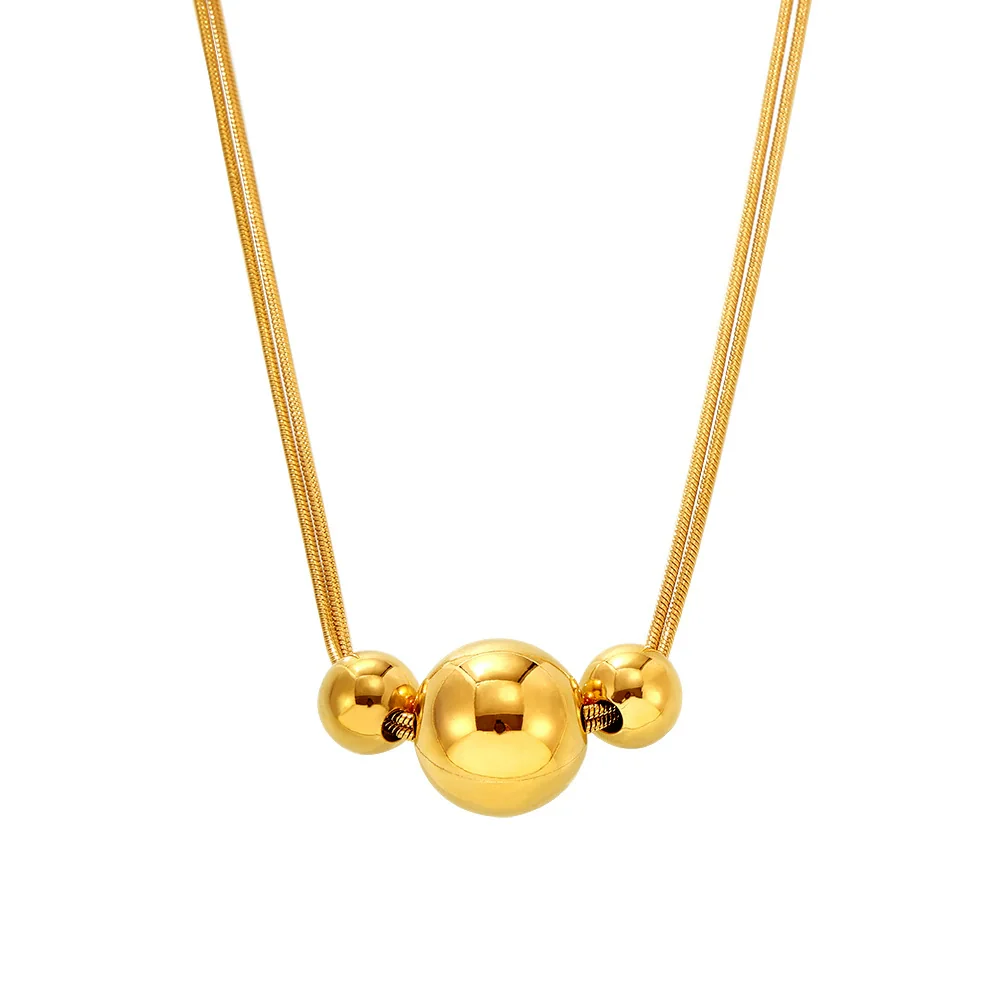 Necklace Titanium Steel Stainless Steel Geometric Style Electroplating Double Layer Stacked Blade Chain Three Beads Design - Image 5