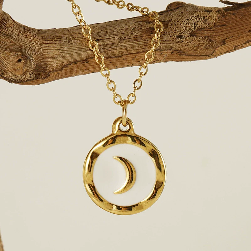 Necklace 316L Stainless Steel 316L Stainless Steel Moon Pendant Dripping Oil Design Couple Style - Image 4