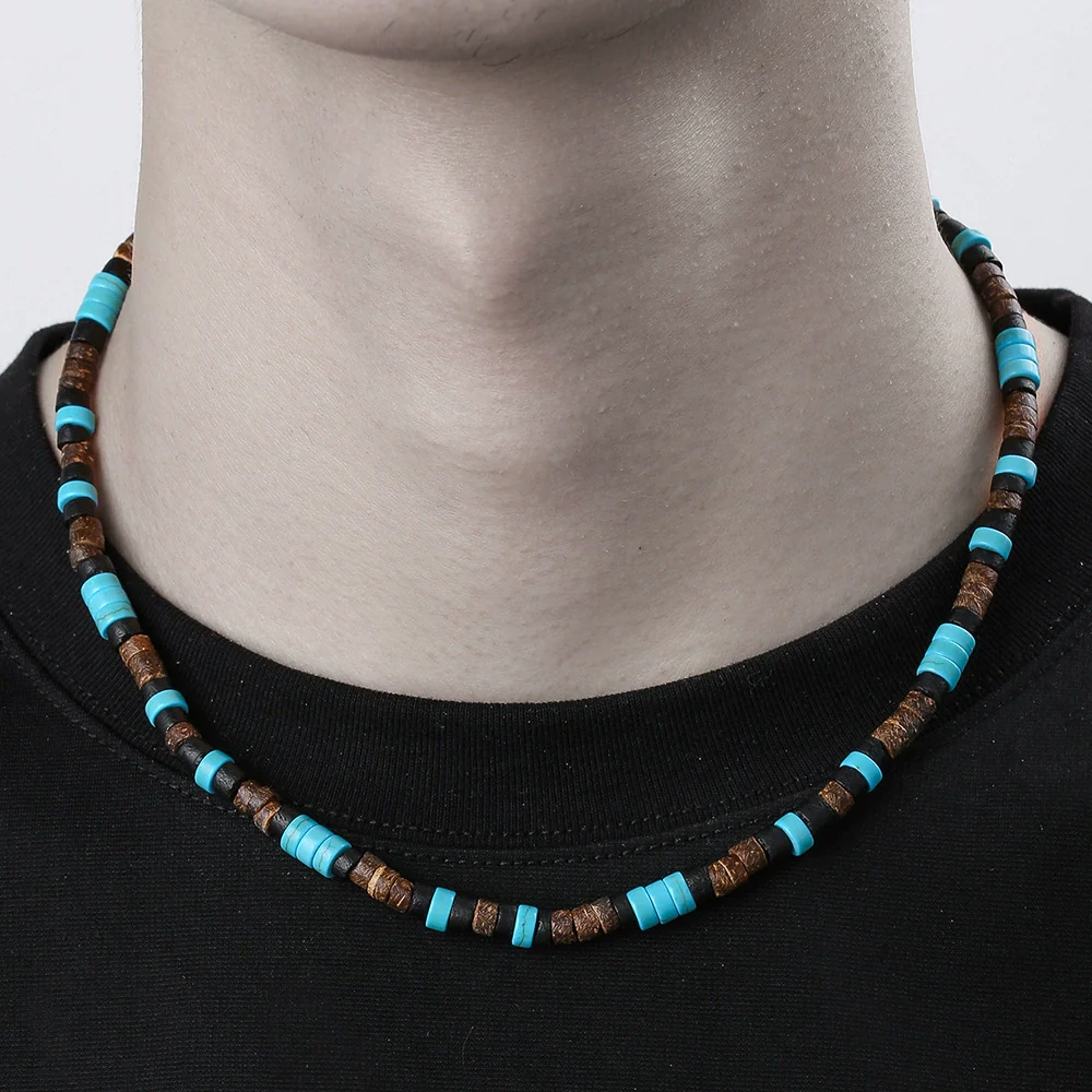 Necklace Turquoise Wood Chips Pine Stones Geometric Handmade - Image 3