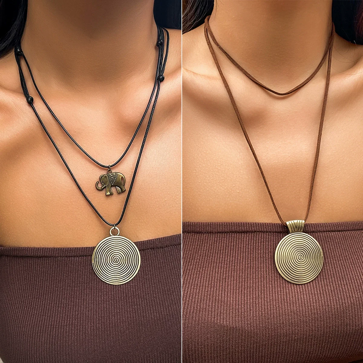Necklace Wooden Chip Leather Wax Wire Alloy Geometric Handmade - Image 2