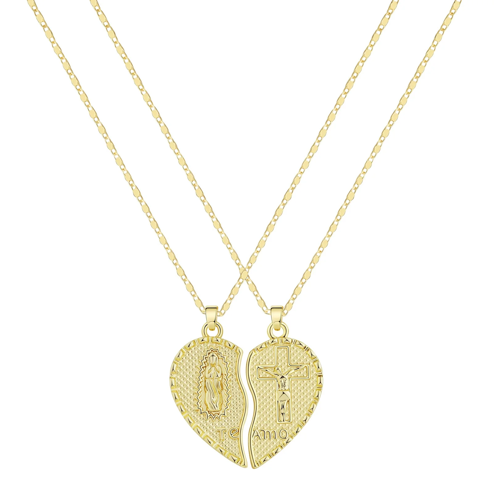 Necklaces Copper Real Gold Electroplated Geometric Pattern Twohalf Heart Pendant Stacked Clavicle Chain For Women - Image 5