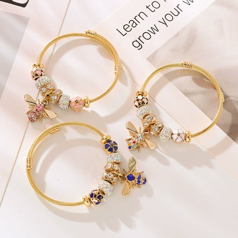 New Fashion Diy Unisex Adjustable Diamond Geometric Bees Pendant Alloy Stainless Steel Bracelet