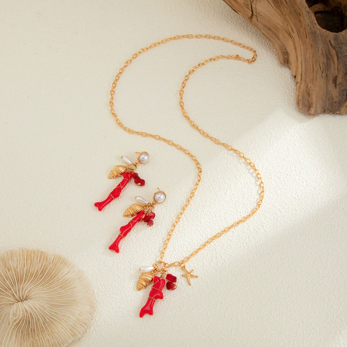 Ocean Style Metal Red Coral Conch Pendant Long Necklace With Imitation Pearl Starfish Chain Electroplated For Women - Image 4