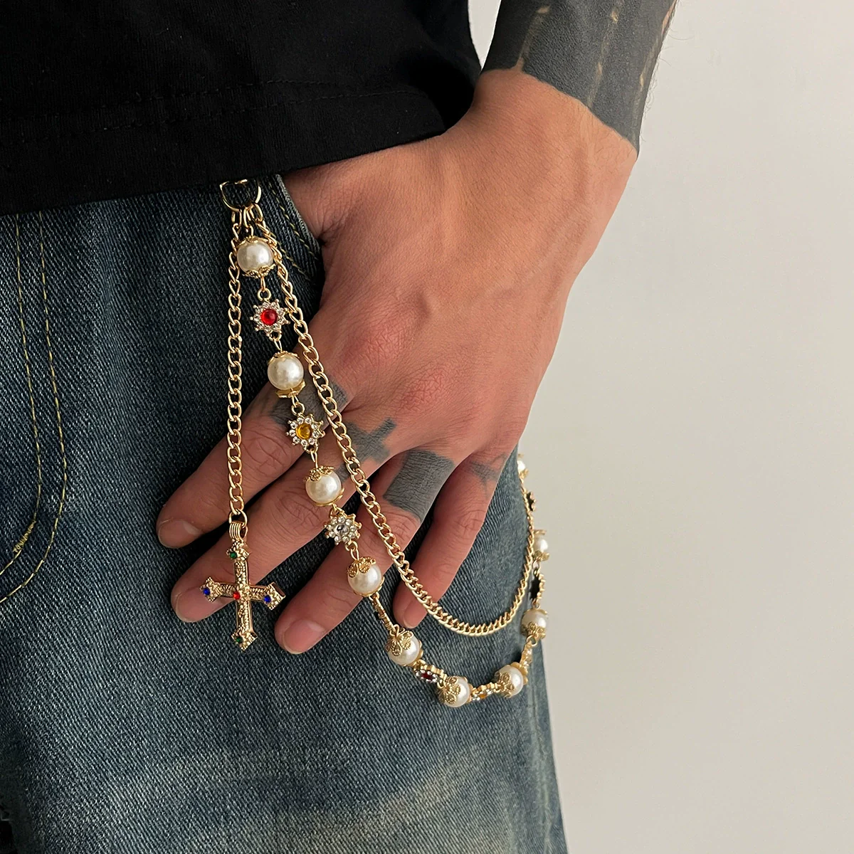 Pants Chain Hip Hop Style Imitation Pearl Floret Metal Chain With Cross Pendant And Lobster Clasp - Image 10