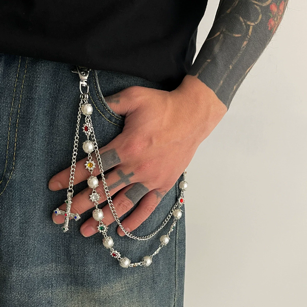 Pants Chain Hip Hop Style Imitation Pearl Floret Metal Chain With Cross Pendant And Lobster Clasp - Image 11