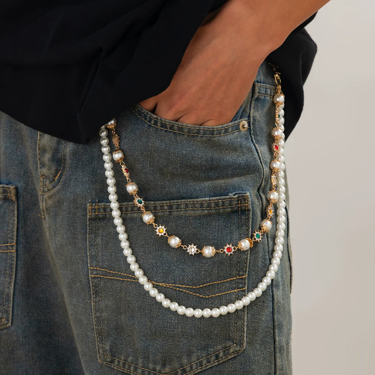 Pants Chain Hip Hop Style Imitation Pearl Floret Metal Chain With Cross Pendant And Lobster Clasp - Image 12