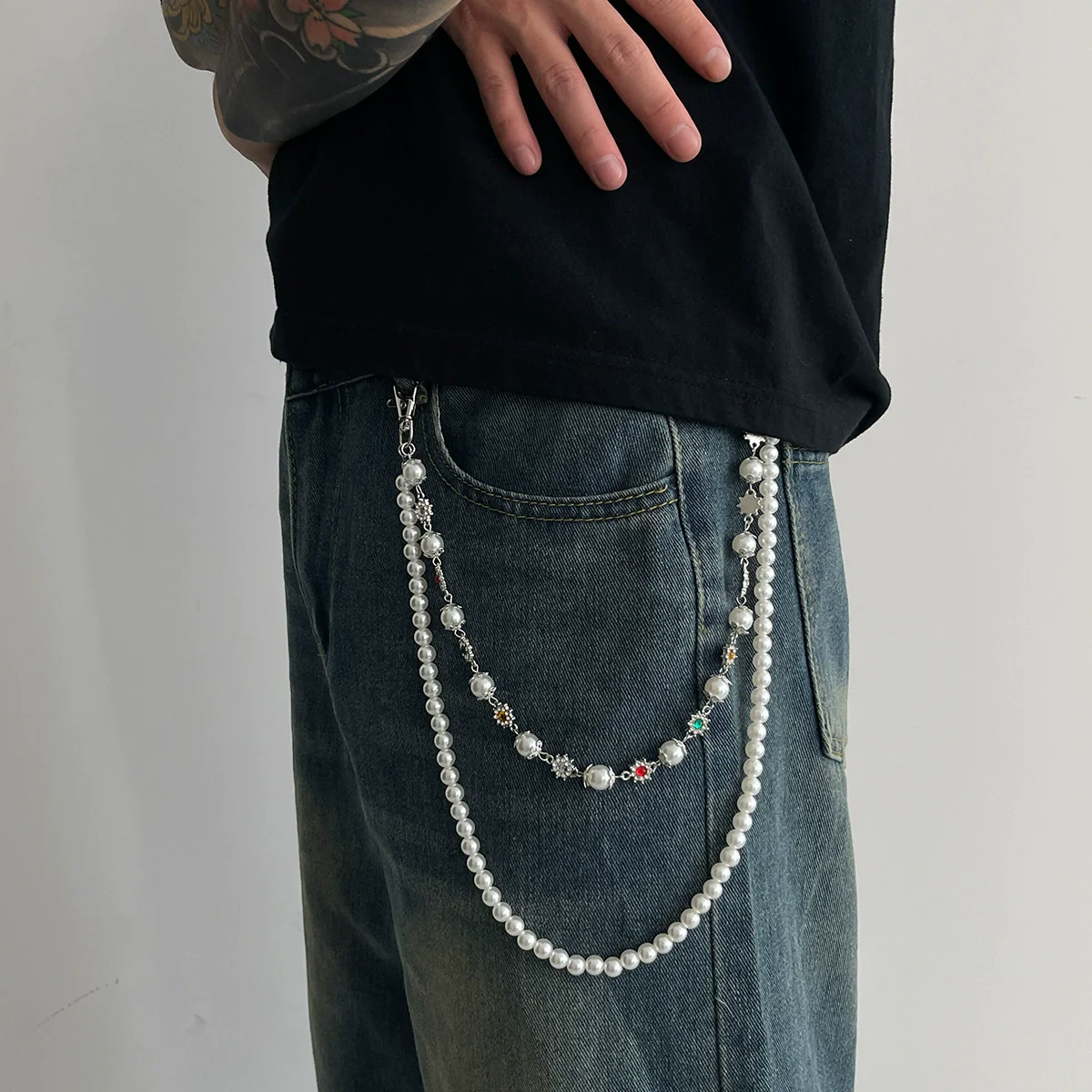 Pants Chain Hip Hop Style Imitation Pearl Floret Metal Chain With Cross Pendant And Lobster Clasp - Image 13