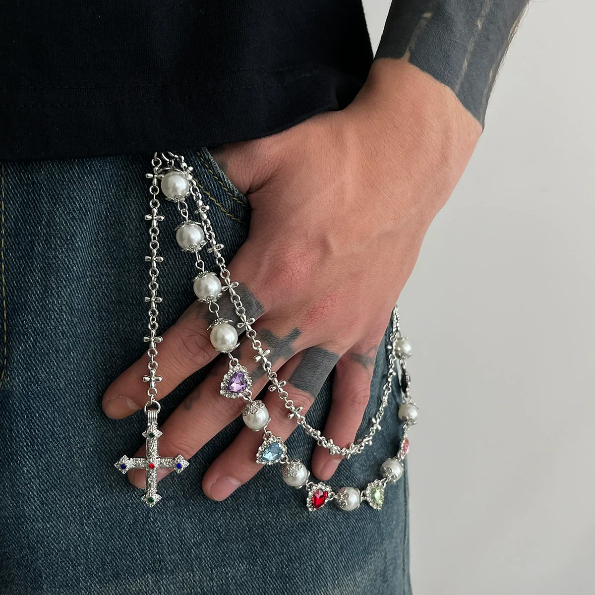 Pants Chain Hip Hop Style Imitation Pearl Floret Metal Chain With Cross Pendant And Lobster Clasp - Image 14