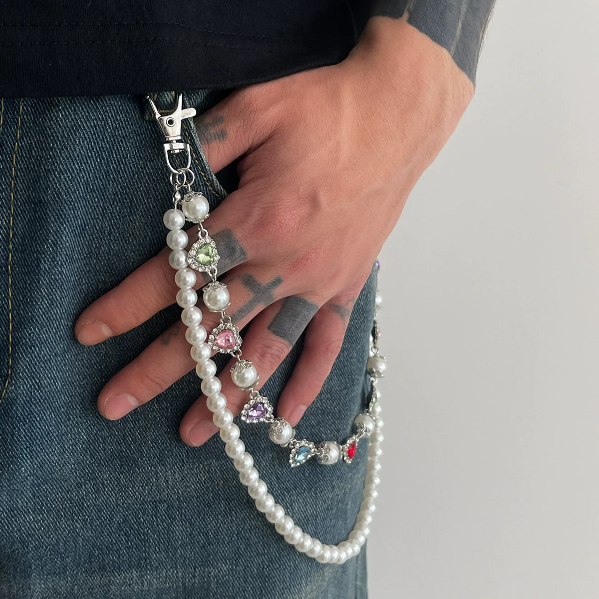 Pants Chain Hip Hop Style Imitation Pearl Floret Metal Chain With Cross Pendant And Lobster Clasp - Image 16