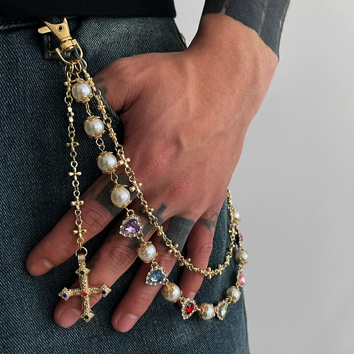 Pants Chain Hip Hop Style Imitation Pearl Floret Metal Chain With Cross Pendant And Lobster Clasp - Image 3