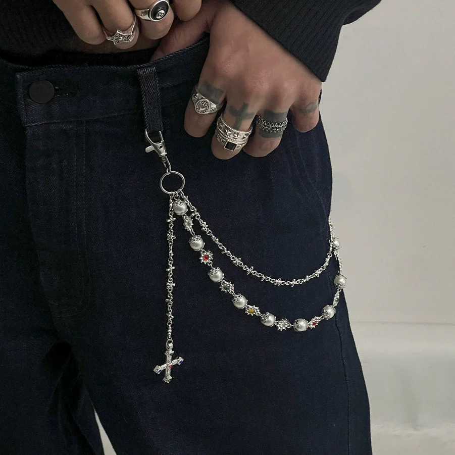 Pants Chain Hip Hop Style Imitation Pearl Floret Metal Chain With Cross Pendant And Lobster Clasp - Image 7