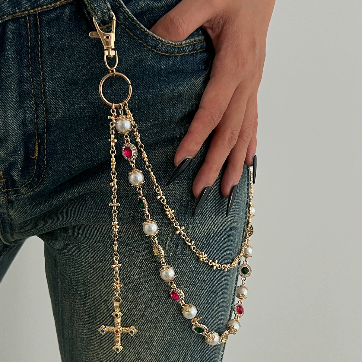 Pants Chain Hip Hop Style Imitation Pearl Floret Metal Chain With Cross Pendant And Lobster Clasp - Image 8