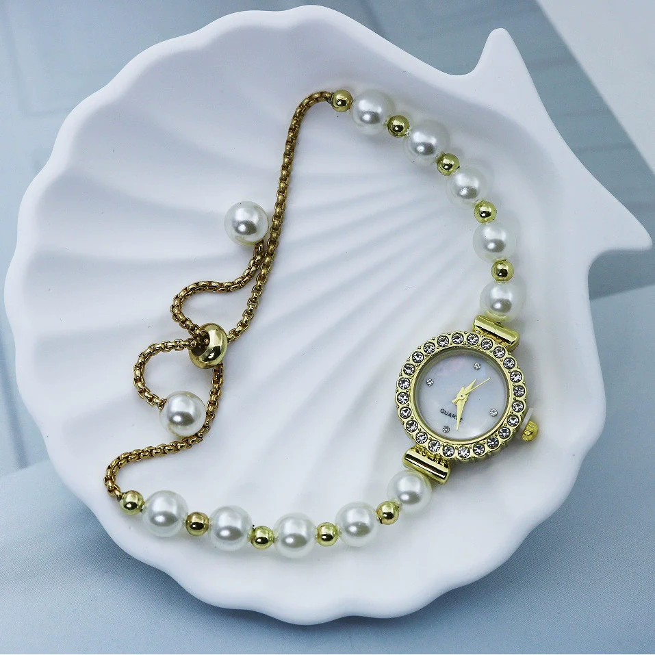 Pearl Alloy Women's Round Dial Fashionable Bracelet Watch With Spiral Crown And Stainless Steel Onepiece Buckle - Image 4