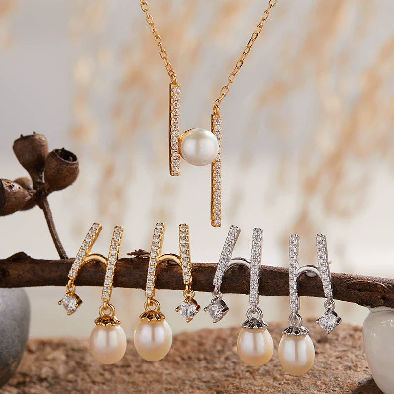 Pearl And S925 Sterling Silver Earrings Light Luxury Geometric Style With Gems - Image 2