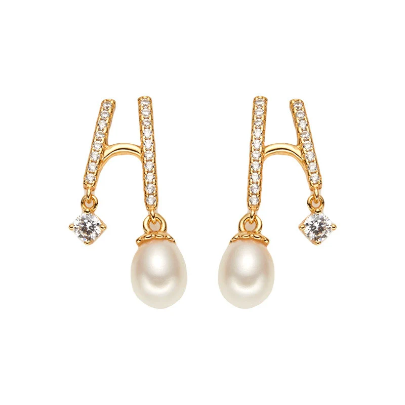 Pearl And S925 Sterling Silver Earrings Light Luxury Geometric Style With Gems - Image 5
