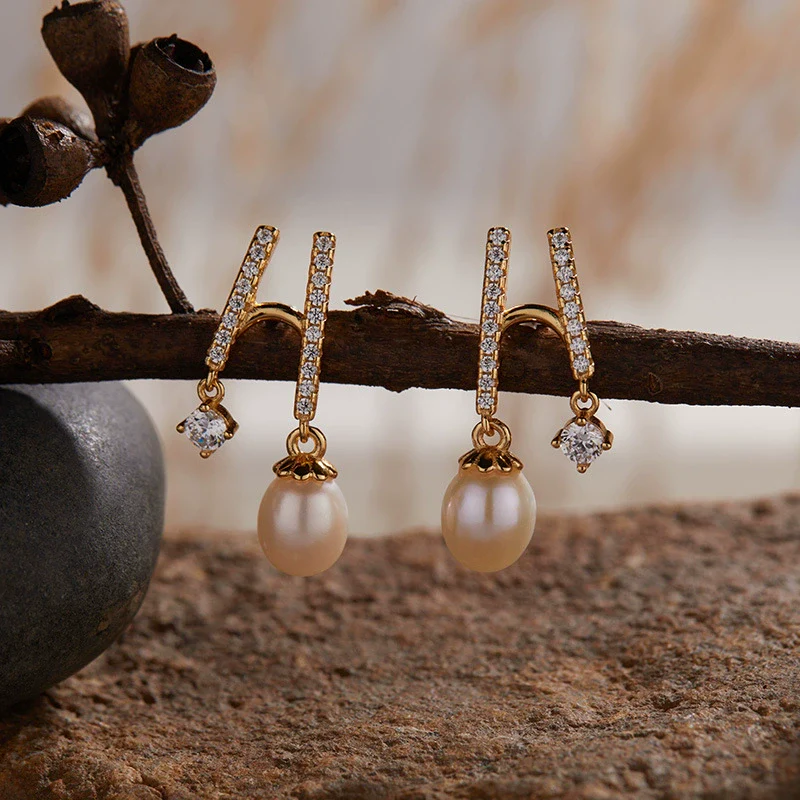 Pearl And S925 Sterling Silver Earrings Light Luxury Geometric Style With Gems - Image 9