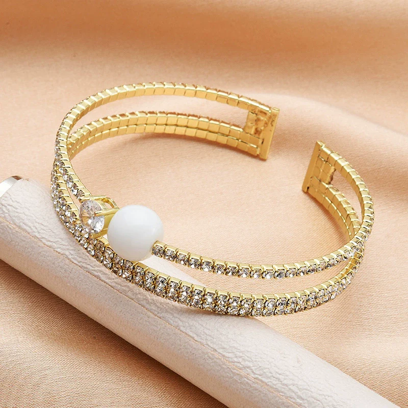 Pearl And Titanium Steel Double Layer Diamond Bracelet Fashionable Light Luxury Niche Jewelry For Women - Image 2