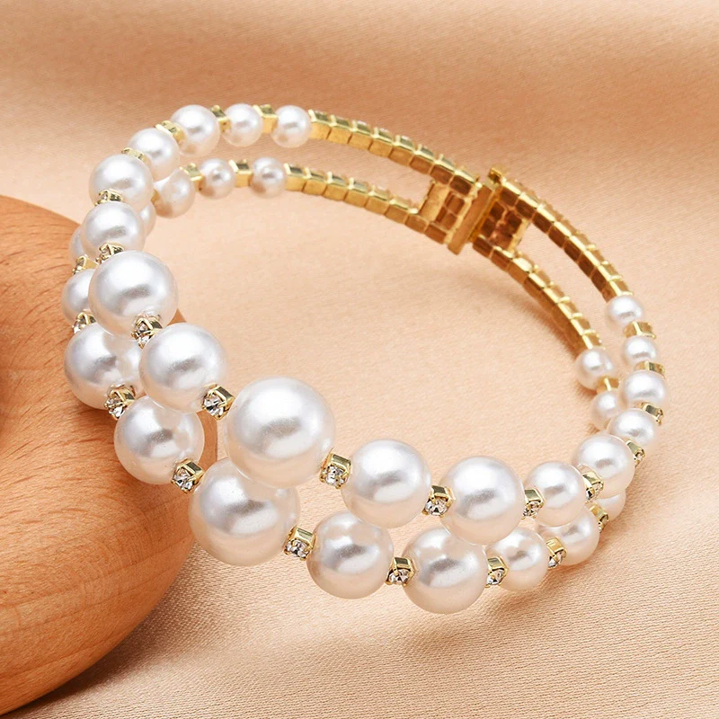 Pearl And Titanium Steel Double Layer Diamond Bracelet Fashionable Light Luxury Niche Jewelry For Women - Image 7