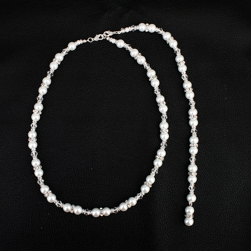 Pearl Ball Chain Women's Geometric Drop Shape Diamond Design Long Pendant Back Chain Necklace - Image 2
