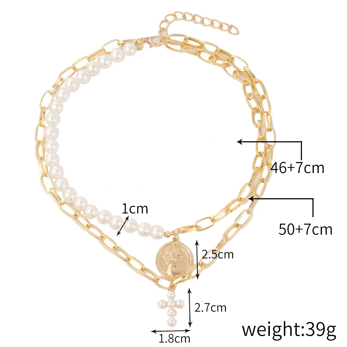 Pearl Cross Pendant Necklace Alloy Box Chain Electroplated Retro Exaggerated Multilayer Women's Accessories - Image 6