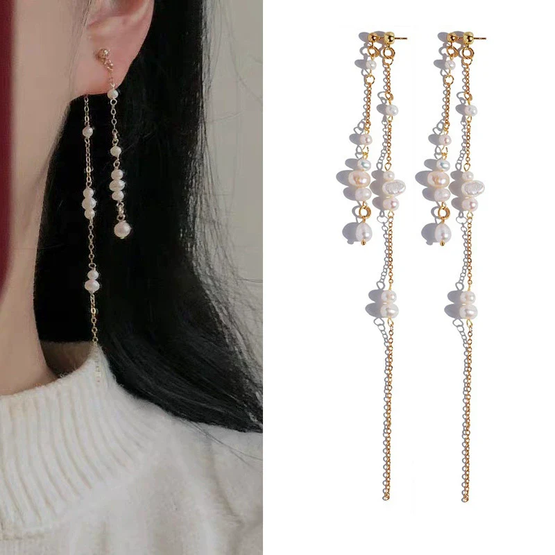 Pearl Geometric Minimalist Long Ear Line Layered Tassel Earrings For Women - Image 6