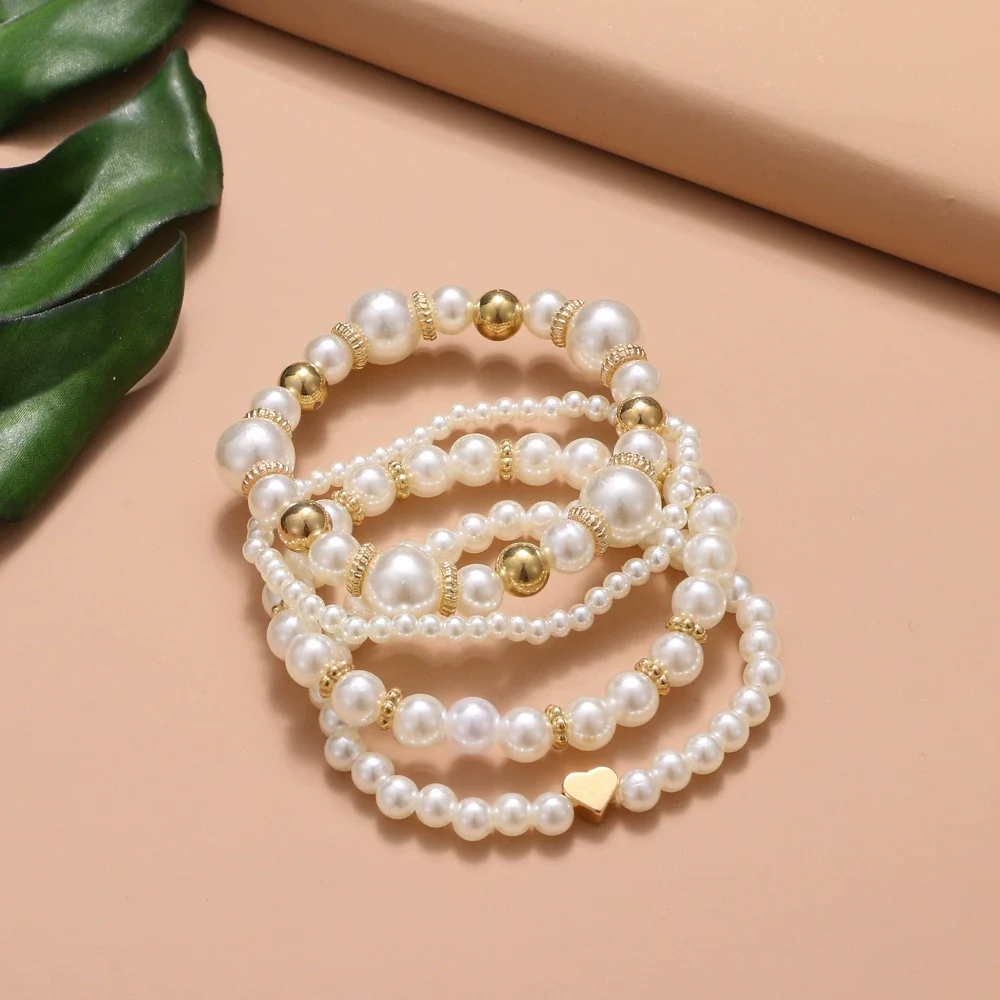 Pearl Heart Geometric Women's Bracelet Set With Pearl Inlaid - Image 3