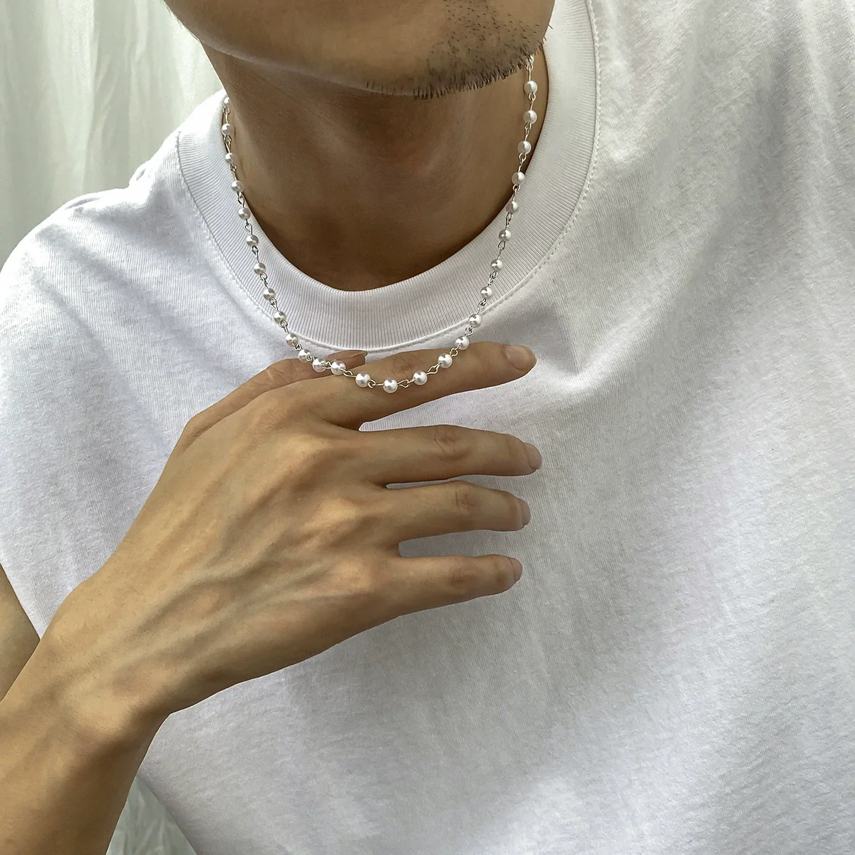Pearl Hiphop Splicing Clavicle Chain Men's Jewelry Necklace With Geometric Pattern - Image 3