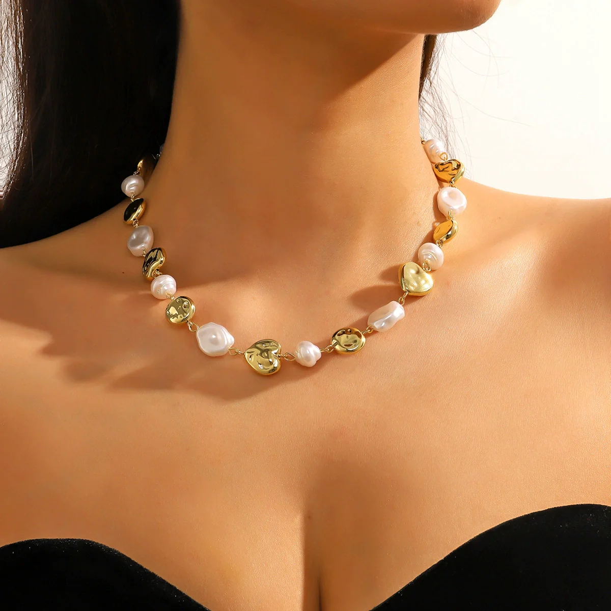 Pearl Metallic Geometric Baroque Style Electroplated Ochain Necklace For Women - Image 3