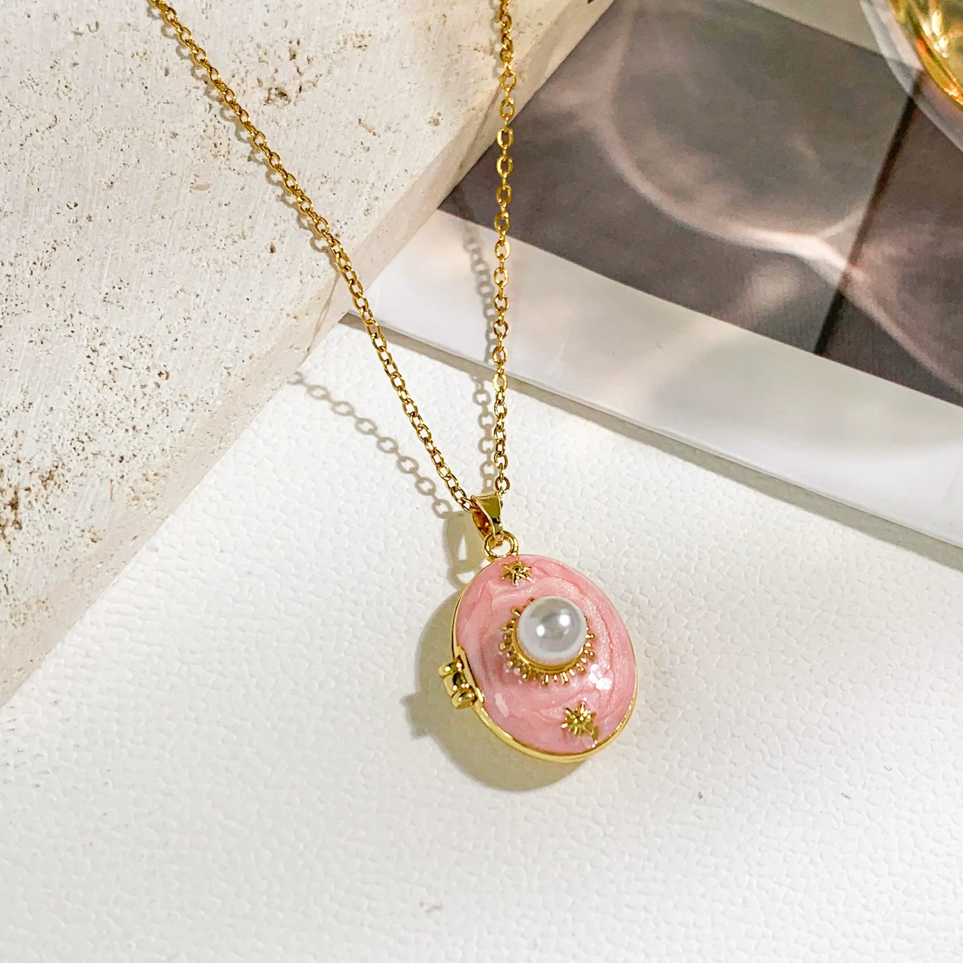 Pearl Star Oval Photo Box Necklace Copper Titanium Steel Real Gold Plated Sweet Style Women's Accessories - Image 2