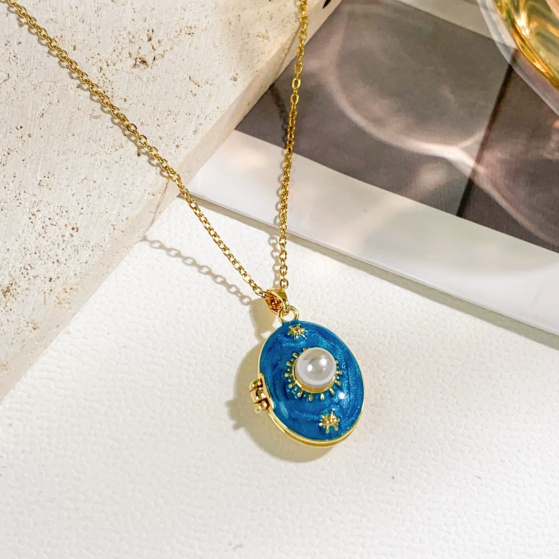Pearl Star Oval Photo Box Necklace Copper Titanium Steel Real Gold Plated Sweet Style Women's Accessories - Image 4