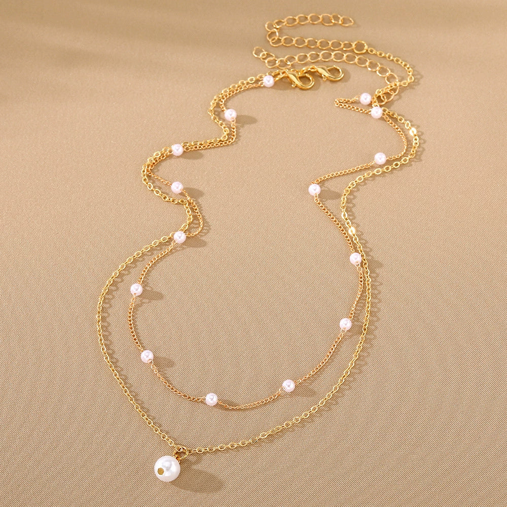 Pearl Tassel Pendant Doublelayer Necklace Alloy Geometric Style Women's - Image 4