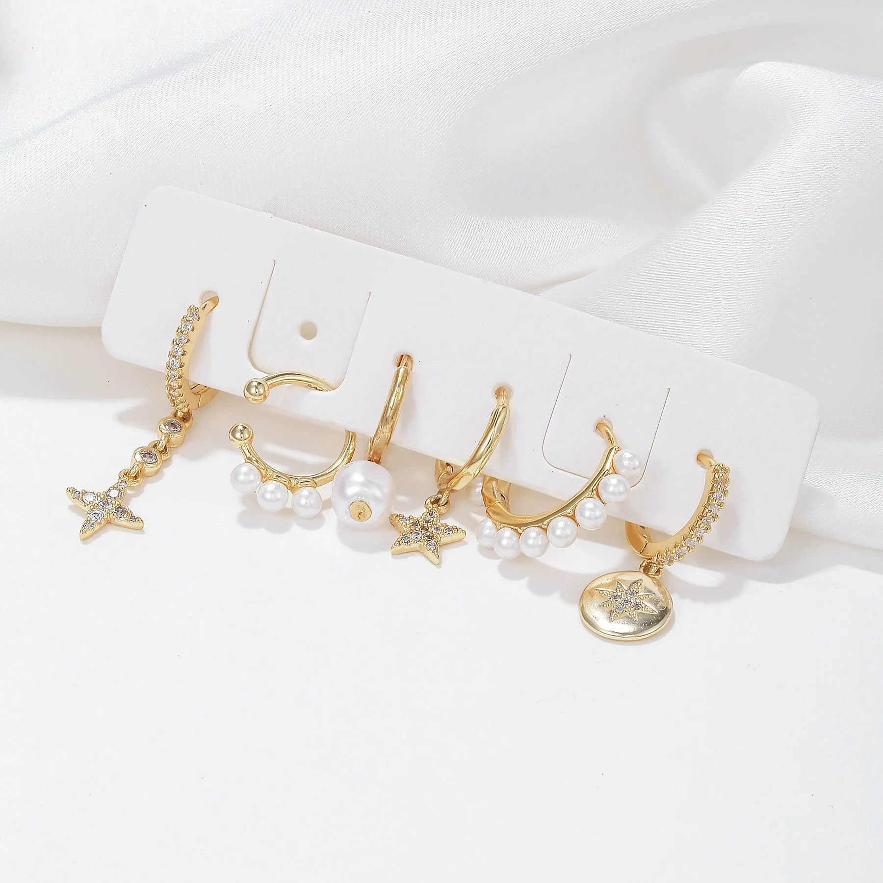 Pendant Earrings Copper Pearl Star Geometric Style Six Piece Set - Image 4