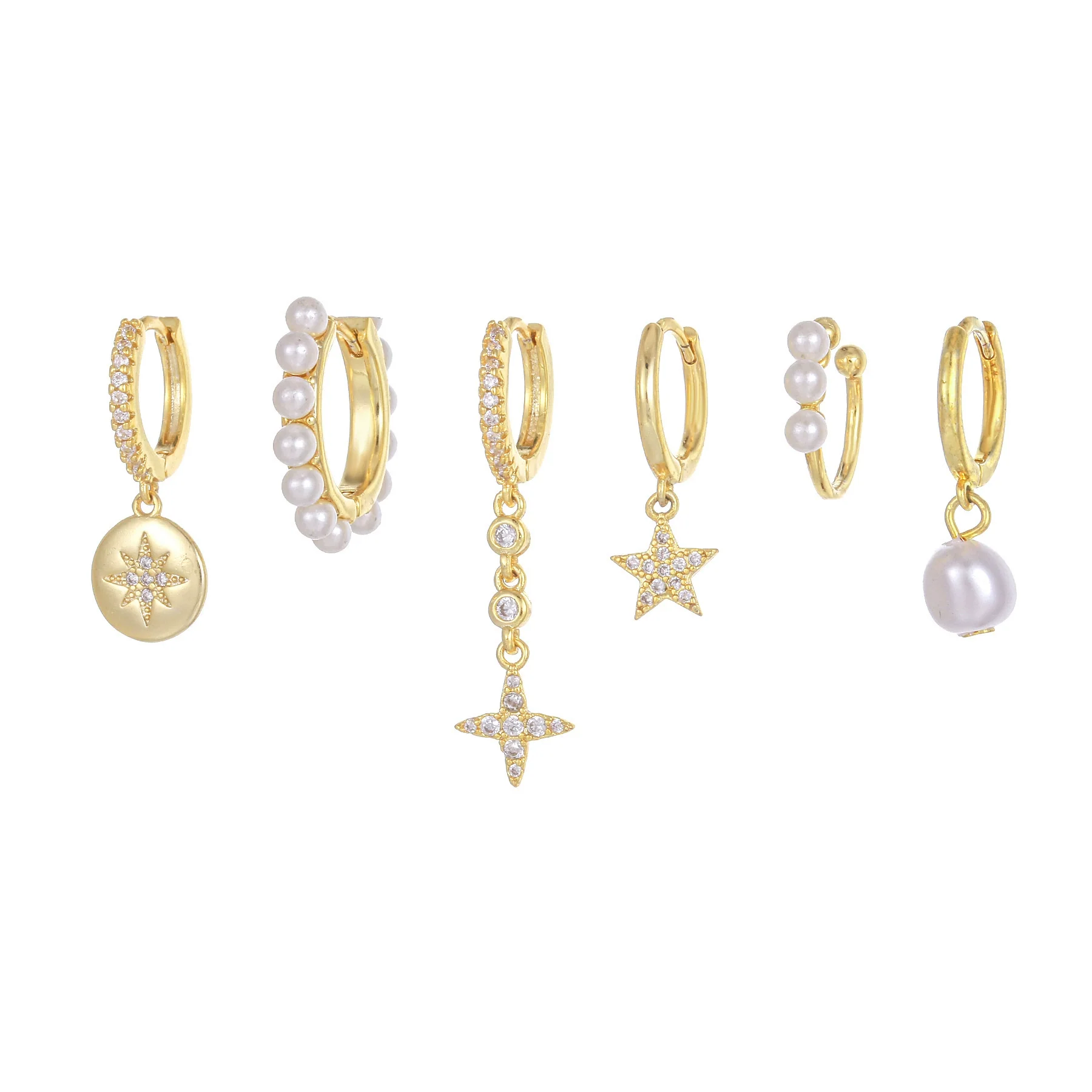 Pendant Earrings Copper Pearl Star Geometric Style Six Piece Set - Image 5