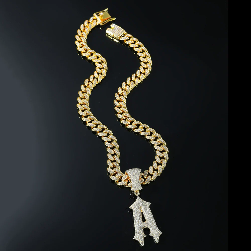 Pendant Necklace Alloy Diamond Hiphop Style Letter Pendant Jewelry For Men Cuban Chain - Image 2