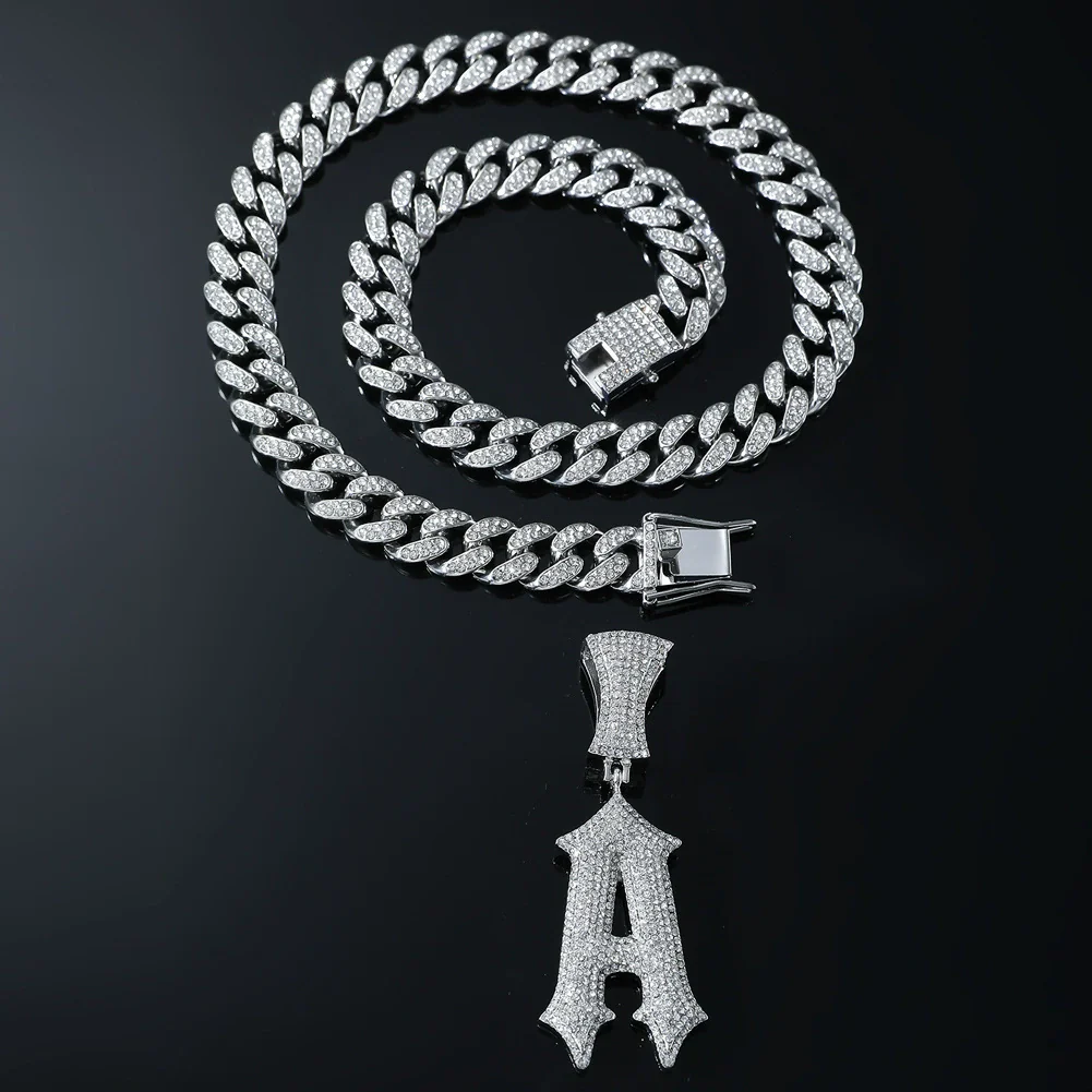 Pendant Necklace Alloy Diamond Hiphop Style Letter Pendant Jewelry For Men Cuban Chain - Image 4