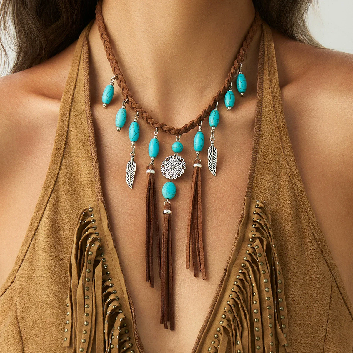 Pendant Necklace Alloy Imitation Turquoise Geometric Electroplating Braided Tassel Velvet Women's Horse Whip Chain
